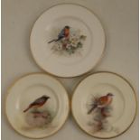 Three Royal Worcester small plates, decorated with a Turtledove, a Redstart and a Bullfinch, all