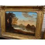 A 19th century oil on canvas, view across water with cattle to the foreground and figures and