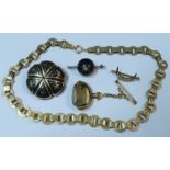 A Victorian 9ct gold necklace, together with three brooches and a swivel fob