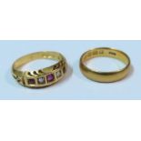 A 22ct gold wedding band, together with an 18 carat ring, set with two diamonds and two rubies