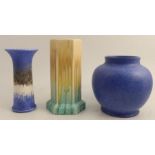 A Ruskin pottery hexagonal vase, height 9.25ins, together with two other Ruskin pottery vases