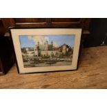 A framed watercolour depicting the Tower of London with various steam launches and boats on the Tham