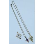 A 15ct gold enamel and pearl pendant, on fancy link chain, together with two other pendants set with