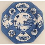 A 19th century Bow porcelain octagonal dish, decorated with Oriental scenes, character marks to