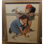 Norman Rochwell, colour print on canvas, three children playing marbles, 28.5ins x 23ins, together