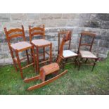 Two modern kitchen chairs, two Edwardian style chairs and a rocking horse