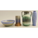 Four pieces of Ruskin pottery, to include three vases and a bowl, height 7ins and down