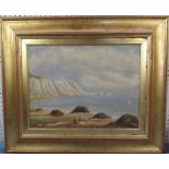 An oil on canvas, white cliffs with figures to the foreground, 13ins x 17ins