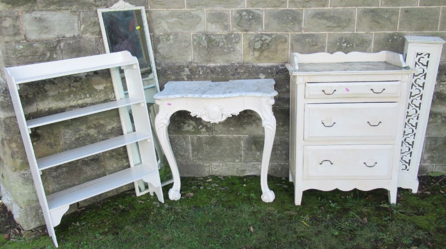 A collection of white painted furniture, to include marble topped consol table, width 30ins,