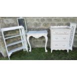 A collection of white painted furniture, to include marble topped consol table, width 30ins,