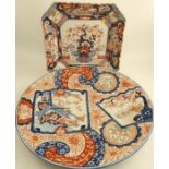 A large circular Imari charger, diameter 22ins, together with a square Imari charger, with rebated