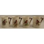 Four Royal Worcester barrel moulded jugs, decorated with a Kingfisher, a Robin, a Chaffinch and a