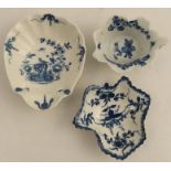 A Worcester leaf moulded butterboat and another underglaze blue pickle dish