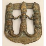 Cast mounted figure group of 3 figures with outstretched arm and headress and rope border