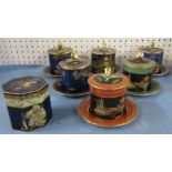 Six Carlton Ware covered jam pot and stands, decorated in various patterns, together with a
