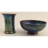 A Ruskin pottery cylindrical vase, with iridescent glaze, height 3ins, together with a similar bowl,