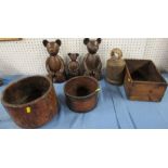 A collection of wooden items, to include carved bears, bowls, a box, together with a metal cows