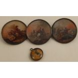 Three miniature circular oils, mounted as buttons, of battle scenes with figures on horseback,
