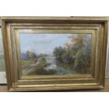 J W Halldoley, oil on canvas, figure on horse herding sheep by a river, 16ins x 26ins