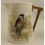 A Royal Worcester barrel moulded jug, decorated with a Reed-Bunting by G H Evans, height 4.25ins