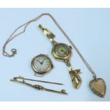 An 18ct gold cased lady's wrist watch, on 18ct link strap, together with a gold cased watch (no
