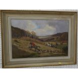 R H Buxton, oil on canvas, hunting scene with hounds, 15.5ins x 23.5ins