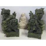 Two pairs of green soapstone dogs of fo, together with a Buddha