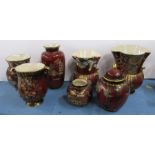 Five Crown Devon Rouge Royale lustre vases, height 8ins and down, together with two other pieces