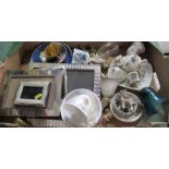 A box of sundries, to include cup and saucer, bells, miniature tea set etc