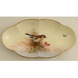 A Royal Worcester shaped oval dish, decorated with a Goldfinch and foliage by E Barker, diameter