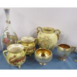 A pair of Crown Devon cauldron vases, decorated with lizards, together with a Carlton Ware jug and