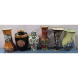 Five Carlton Ware vases, together with a Crown Devon vase, height 11ins and down