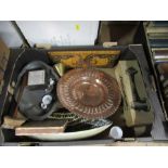 A box of mixed items to include a copper dish, a burr wood book slide, chamberstick etc