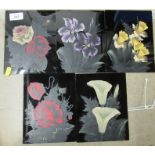 Three rectangular glass panels, decorated with flowers, 7.5ins x 5.75ins
