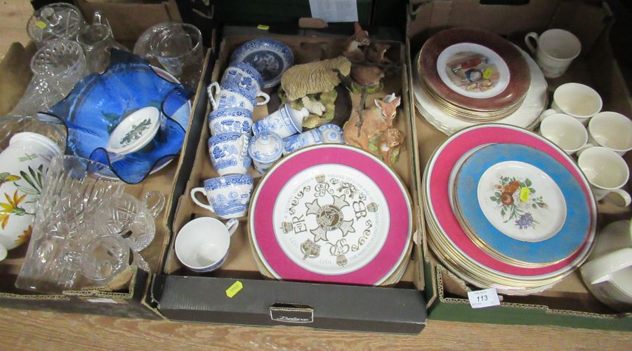 Three boxes of mixed ceramics and glass, to include plates, cups, ornaments, vases, bowls etc