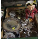 A box of silver plated flatware, and other plated items, together with a toby jug