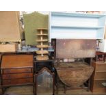 A collection of furniture to include painted set of shelves, two oak gate leg tables etc