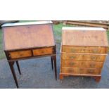 An Antique walnut bureau, the fall flap reveling drawers and pigeon holes, over four long drawers,