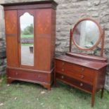 An Edwardian mirror door wardrobe, with inlay and line decoration, width 50ins, together with