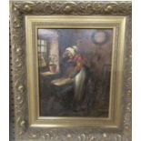 D L Giuillan, oil on board, interior scene with old woman, 10.5ins x 8.5ins