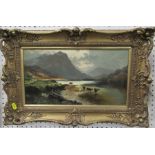 Oil on canvas, landscape with cattle, water and mountains, monogrammed and dated, 8.5ins x 15ins