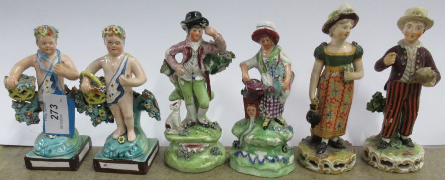 A pair of 19th century Derby porcelain figures, together with two pairs of 19th century