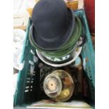 A bowler hat, together with an enamel bread bin, wash bowl, pottery tile, oil lamp etc