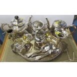 A collection of silver plated items, to include tea pots, tray, bowls, vases etc