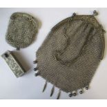 Two silver coloured mesh purses, together with a lipstick holder, with engraved decoration