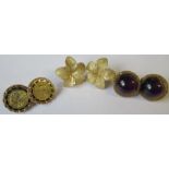 A pair of 14k flower head earrings, weight 7g, together with a pairs of earrings set amethyst