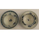 Two Worcester tea bowls and saucers, decorated in underglaze blue with the Three Flowers pattern