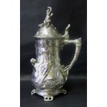A Large Silver Plated Silver Plated Flagon with high relief decoration of Pan , three graces and