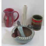 A Selection of Studio Pottery, tallest vase 17cm by Laurel Keeley, pestle and mortar Eeles family,