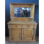 Antique Wood Sideboard with Bevelled Mirror above. Brass fittings. H. 168cm, W. 120cm, D. 47cm